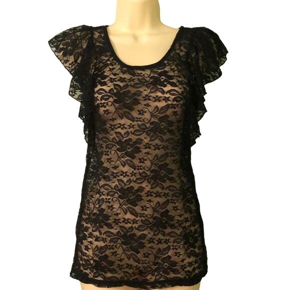 Matri U.S.A. Black Lace top Ruffle Cap Sleeve Size Small USA Y2K Vibe - Picture 1 of 9